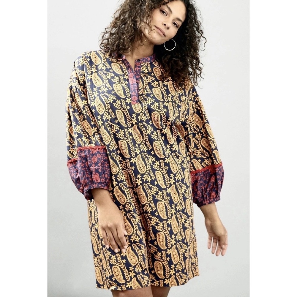 Sachin & Babi Celestine Paisley Print 3/4 Sleeve Tunic Shift Mini Dress Size PS